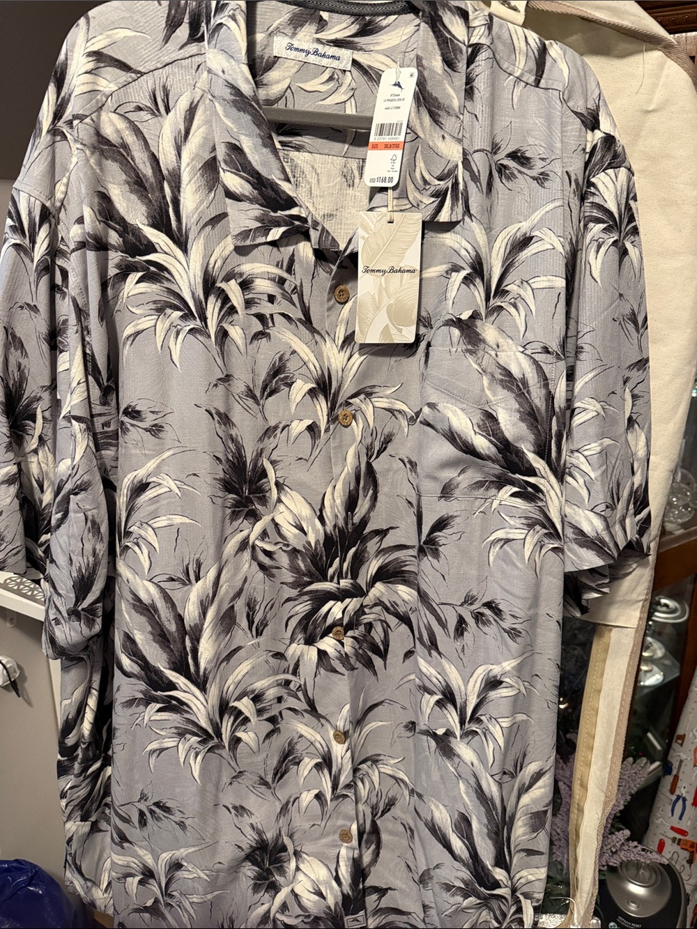 Tommy Bahama Men's Gray and Black Tropical Print Camp Shirt